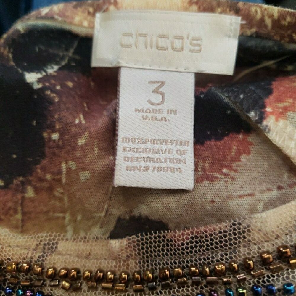 Chico's Sequin Short Sleeve Side Tie Blouse Brown Geo Women's 3 (XL) - Picture 3 of 6